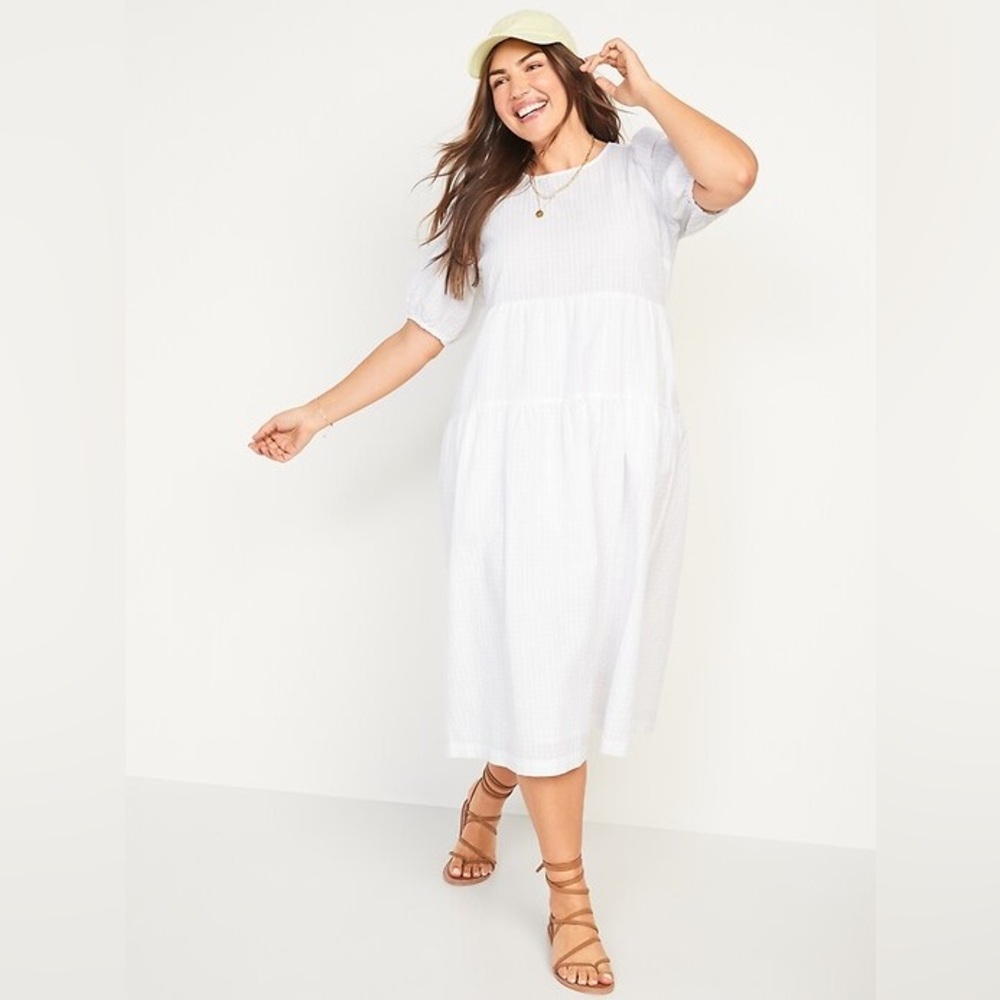OLD NAVY White Seersucker Tiered Puff-Sleeve All-Day Midi Swing Dress